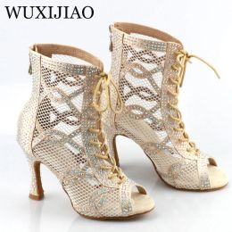 Boots Female High Top Latin Dance Shoes Grey Rhinestone Ballroom Dance Shoes Salsa Tango Dance Shoes Soft Sole Party Sandals