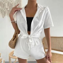 Women's Blouses Short Sleeve Shirt Shorts Set Casual With Elastic Drawstring Waist Lapel Collar Wide Leg For Summer