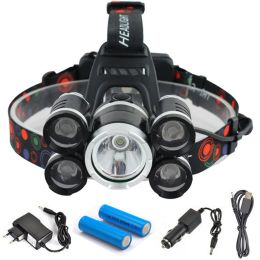 Lamps Rechargeable 18000 Lumens 5 LED Zoomable Headlamp for Hunting, Fishing, and Biking with Car AC/Charger