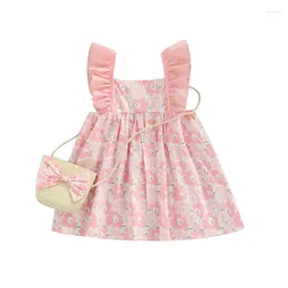 Girl Dresses 6-36months Baby Girls Summer Dress With Sling Bag Flowers Ruffle Sleeveless Infant Big Bow Straw Set