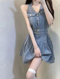 Women's summer new sleeveless short sexy shirt cinched waist denim slip dress