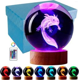 Night Lights 3D Axolotl Crystal Ball Light 3.15 Inch Lamp With LED Wooden Base 16 Colors Change Remote Control