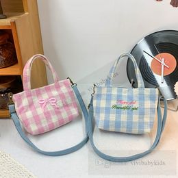 INS Children Bows letter embroidery handbags girls plaid single shoulder Tote bag fashion kids lattice cloth crossbody bags Z7755