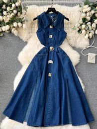 Casual Dresses Elegant Vintage Denim Dress For Women Summer Fashion Hollow Out Dew Waist Split Vestidos Sexy Club Long Jeans