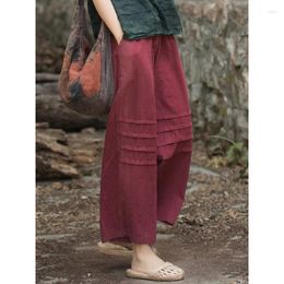 Ethnic Clothing Women Vintage Loose Spring Wide Leg Pants Elastic Waist Linen Trouser 2024 Solid Colour Bandage Long