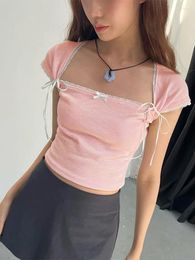 Women's T Shirts TARUXY Lace Bandage For Women 2024 Summer Pink Lovely Crop Tops Womens Street Casual Bodycon Lace-up Tank Top Ladies