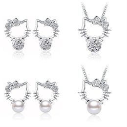 925 Silver Cute Lovely Kitty Orecchini gatti Collane Set di gioielli per donne zirconia cubica zirconia rossa rossa agata nera onice girocollo a pendente a pendente anelli orecchini