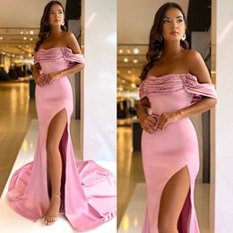 Gorgeous pink mermaid prom dress pleats sequins off shoulder evening dresses elegant thigh split dresses for special occasion