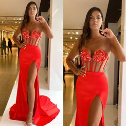 Sexy red mermaid prom dress sequins sweetheart evening dresses elegant split illusion bodice dresses for special occasion
