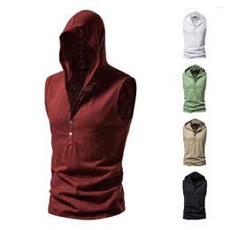 Men's Tank Tops 2024 Mens Casual Retro Sport Hooded Vest Boxer Training Top Slim Fit Quick-Drying Fitness Clothing Men Design Button Collar