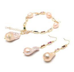 GuaiGuai Jewellery Natural Cultured Pink Keshi Pearl Mixed Colour CZ Pave Chain Dangle Hook Earrings Bracelet Sets Classic For Women5507078