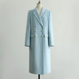 Casual Dresses 2024 Winter High Quality Elegant Double Breasted Button Mid Length Straight Tube Faced Woollen Coat With Blue