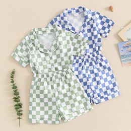 Clothing Sets Boys Summer 2PCS Pajama Short Sleeve Lapel Checkerboard Print Shirt Shorts Sleepwear