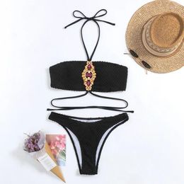 Women's Swimwear 2024 Women Rhinestone Bikini Set Two Piece High Waist Swimsuit Halter Suspender Breast Wrap Summer Beach Bathing Suit