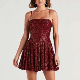 Casual Dresses Summer Sexy Glitter Sequin Nightclub Dress Women's Fashion Backless Sleeveless Red Skinny Party Spaghetti Strap Robes