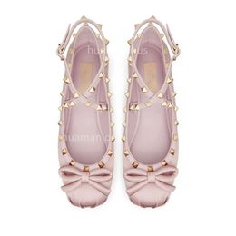 Shoe Stud Girl Shoes Flat Tino Riveted Silk Bottom Ballet Female Outwear 2024 Round Toe Shallow Bow Princess Ballerinas Single NMO6