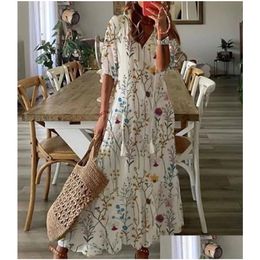 Basic & Casual Dresses Bohemian Long Dress Women Summer Vintage Floral Print V Neck Half Sleeve Female Dstring Drop Delivery Apparel Dh0Tx