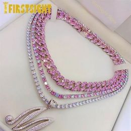 Iced Out Bling 5A Zircon 5mm Tennis Chain Necklace Women Men Hip Hop Fashio Jewellery Gold Silver Colour Pink CZ Charm Choker 2202123107