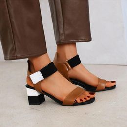 Sandals 2024 Summer Women's Fashion Colour Block Leather Face Open Toe Thick High Heel With Roman Style Back Strap Sandalias