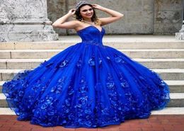 2021 Sexy Princess Royal Blue Quinceanera Ball Gown Dresses 3D Floral Flowers Sweetheart Lace Appliques Beads 16 Long Puffy Tulle 7205382