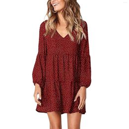 Casual Dresses Women's Fashion V-Neck Loose Ruffle Pleated Swing Polka Dot Printed Chiffon Vestidos Para Mujer Elegantes Y Bonitos