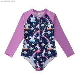 One-Pieces Childrens swimming suit girls swimming girls swimming one piece swimsuit long sleeved front zipper one-piece beach swimsuit Q240418