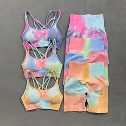 Tie Dye Two Piece Set Yoga Set Summer High Waist Stretch Gym Shorts Seamless Padded Yoga Bra Workout Suits Sports Wear Femme 240407