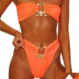 Women'S Swimwear Bikini Set Designer Luxury Metal Accessories Female Sequin Ladies Y Solid Color Tube Top Swimsuit Drop Delivery Appa Dhrho