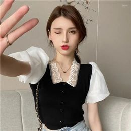 Women's T Shirts Woman TShirts Sexy Lace Stitching Knitted Top T-shirt With Short Sleeves Women Crop Mujer Camisetas
