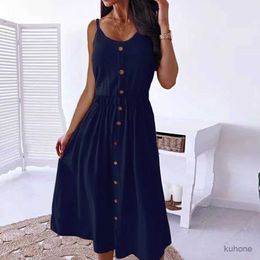 Basic Casual Dresses Dresses Spring/Summer New Solid Color Foreign Trade Dresses Mid length Skirt Sexy Waist Strap Large Size Dress