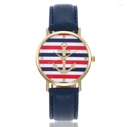 Wristwatches Fashion Boat Anchor Watch Women Leather Quartz Watches Geneva Stripe Casual Woman Female Clock Relogio Feminino