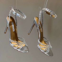 Season Aquazzura Shoes Tequila Sandals Designer Luxury 100% real leather 105 Sparkling Party Italy Clear Pvc Crystals Stiletto Heel Wedding Bride