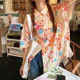 Women's Blouses Harajuku Fashion Fairycode Flower Shirts Loose Oversized Button Up Shirt For Women Teens Girls Summer Half Sleeve Korean