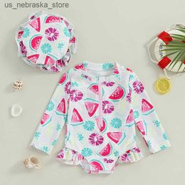 One-Pieces Preschool girl clothing Rush protective swimsuit jumpsuit long sleeved watermelon print baby pleated swimsuit swimsuit with swim cap Q240418