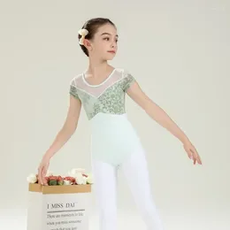 Stage Wear Design Fashion Cute Kids Girls Children Velvet Cotton Spandex Short Sleeve Mesh Ballet Dance Leotard