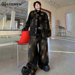 Men's Tracksuits LUZHEN Fashion Personality Wornout Design High Street Two-piece Sets Men Original Denim Jacket Loose Straight Jeans 2024