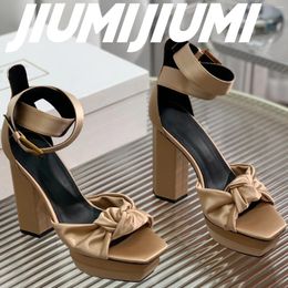 Dress Shoes JIUMIJIUMI Handmade Woman Cover Heels Platform Sexy Sandals Candy Colours Super High Ankle-Wrap Party