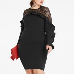 Large Size Dress Womens Fat Girl Body Shaping Sexy Hip Skirt Lace Perspective Stitching Ruffled