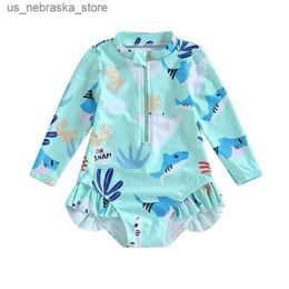 One-Pieces Childrens and Girls Bikini Long sleeved Swimsuit Station Collar Ocean Animal Print Summer Beach Swimsuit Q240418