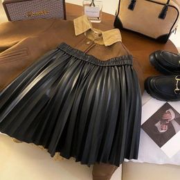 Skirts Brown PU Leather Pleated Short Skirt For Women 2024 Faldas Mujer De Moda High Waist A-line Mini Vintage Chic Korean Jupe