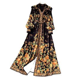 Fashion women royal style long sleeve dress single breasted v-neck lantern print flowers high waist maxi desinger long vestidos