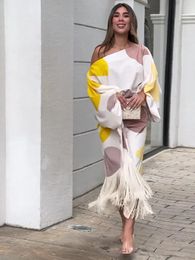 Elegant Colour Block Tassel Women Skirt Suit Sexy Loose Off Shoulder 2 Pieces Sets 2024 Spring Summer Fashion Street Outfit 240416