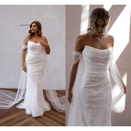 Simple Designed Sequined Mermaid Wedding Dresses Elegant Strapless Backless Sheath Long Summer Beach Garden Bridal Gowns Plus Size Bc18124 0418