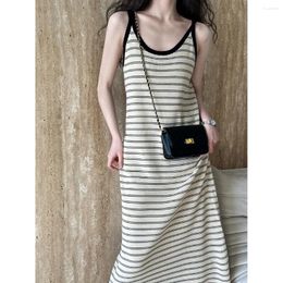 Casual Dresses 2024 Arrival Women Summer Loose Style Vintage Striped Print Sleeveless Long Dress Elegant Maxi Vestidos Clothes