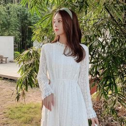 Casual Dresses Dress Women 2024 Cute Elegant Female Tunics Mid-calf O-neck Plus Size S-3XL Long Sleeve Woman White Lace