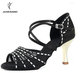 Dance Shoes Latin Jazz Women Dancing Cross Strap Middle Heel With Mesh More Breathable JuseDanc