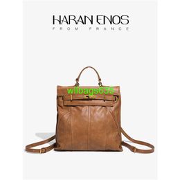 Leather Backpack Bags Trusted Luxury Ky Handbag Haran Enos Retro Niche Backpack 2024 New Autumnwinter Portable Large Capacity School Backpa have logo HBGS2A
