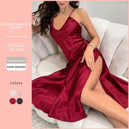 Women's Sleepwear Solid Silk Satin Women Nightgown Sleeveless V Neck Female Side Split Sexy Nightwear Cross Back Lace-Up Homewear