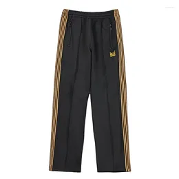 Men's Pants NEEDLES Arrival Yellow Webbing Track Stripe Black Sweatpants Butterfly Embroidery Zipper Men Women Oversize Trousers