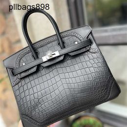 Handmade 7a Handbag Bikns Genuine Leather Misty Crocodile Skin Belly with 25CM Womens Luxury BlackLSTI